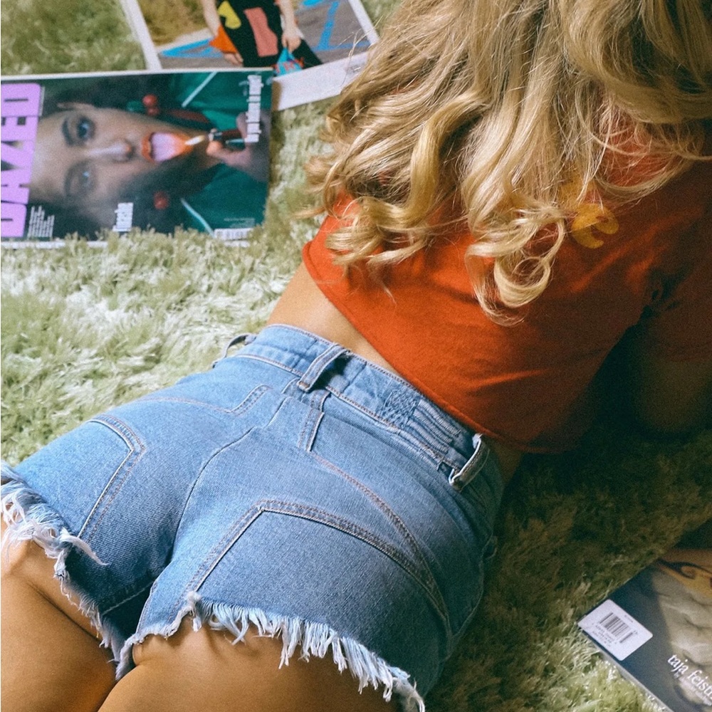 REVICE Light Blue High-Waisted Frayed Denim Jean Shorts